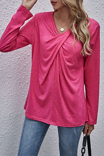 Casual Solid Split Joint Fold V Neck Tops