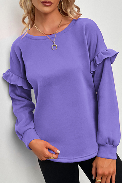 Casual Solid Split Joint Flounce O Neck Tops
