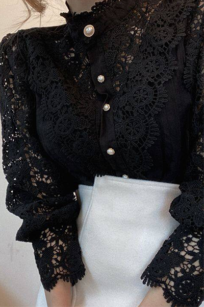 Blusas elegantes de renda com retalhos e fivela vazada com gola mandarim (3 cores)