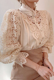 Blusas elegantes de renda com retalhos e fivela vazada com gola mandarim (3 cores)