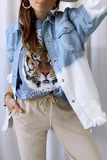 Casual sólido rasgado Make Old Turndown Collar Jaqueta jeans de manga comprida