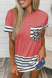Casual Striped Leopard Split Joint Pocket O Neck T-Shirts(10 Colors)