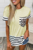 Lässige gestreifte Leoparden-T-Shirts mit geteilter Gelenktasche und O-Ausschnitt (10 Farben)