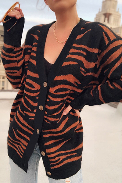 Casual Animal Print Split Joint Buckle V Neck Tops Sweater