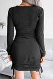 Elegant Solid Draw String Frenulum O Neck Pencil Skirt Dresses