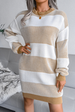 Elegant Striped Split Joint  Contrast O Neck Dresses Sweater  (Without Belt)