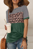 Casual Striped Leopard Split Joint Fold O Neck T-Shirts