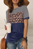 Lässige, gestreifte Leoparden-T-Shirts mit geteiltem und gefaltetem O-Ausschnitt