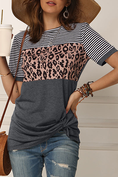 Casual Striped Leopard Split Joint Fold O Neck T-Shirts