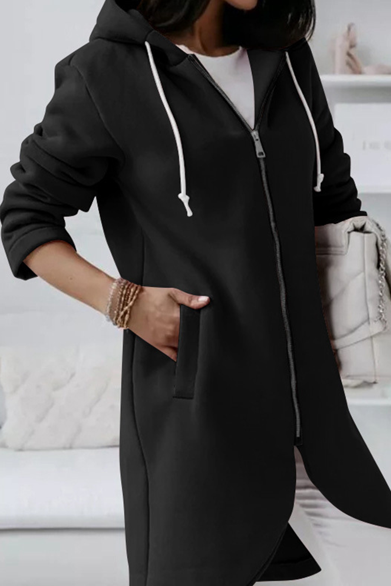 Casual Solid Draw String Zipper Hooded Collar Outerwear(8 Colors ...