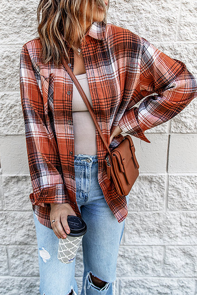 Casual Plaid Patchwork Buckle Turndown Collar Blouses