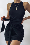 Street Solid Fold Strap Design O Neck Pencil Skirt Dresses(7 Colors)