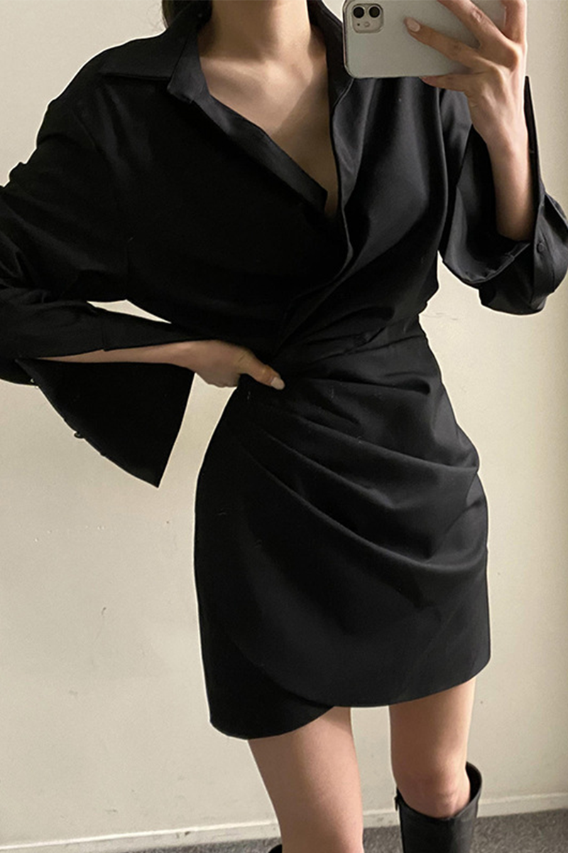 Fashion Elegant Solid Split Joint Fold Turndown Collar Pencil Skirt Dresses