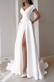 Elegant Solid Slit Fold V Neck Evening Dress Dresses