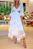 Fashion Elegant Solid Lace Hollowed Out Flounce Mesh V Neck Waist Skirt Dresses
