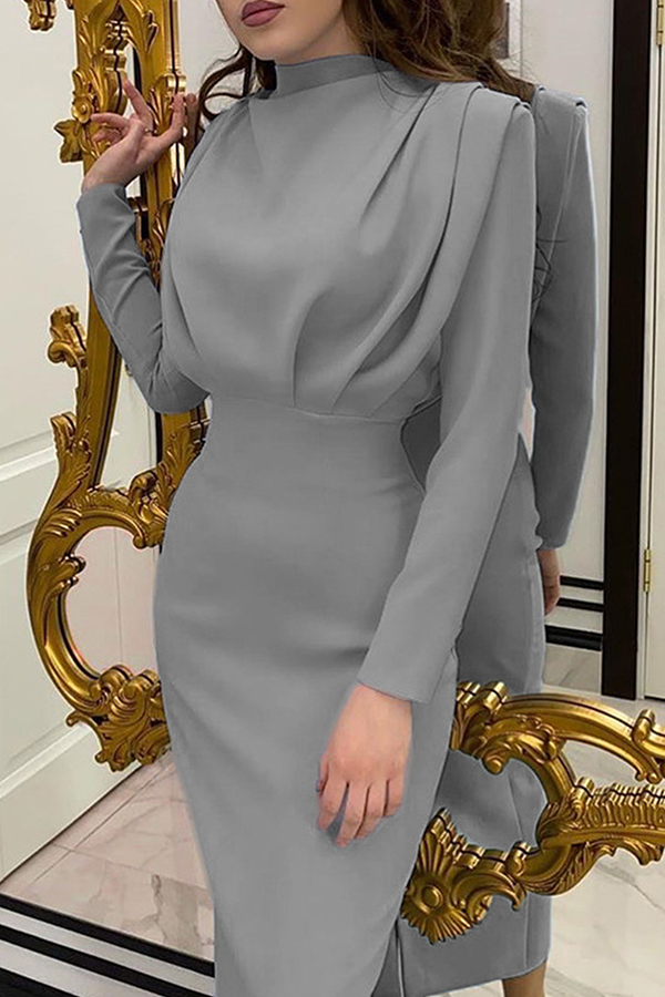 Elegant Solid Fold Mandarin Collar Waist Skirt Dresses(5 Colors)