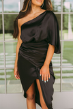 Elegant Solid Fold Oblique Collar Evening Dress Dresses(5 Colors)