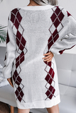 Suéter casual geométrico dividido com junta contrastante com decote em V (sem cinto)