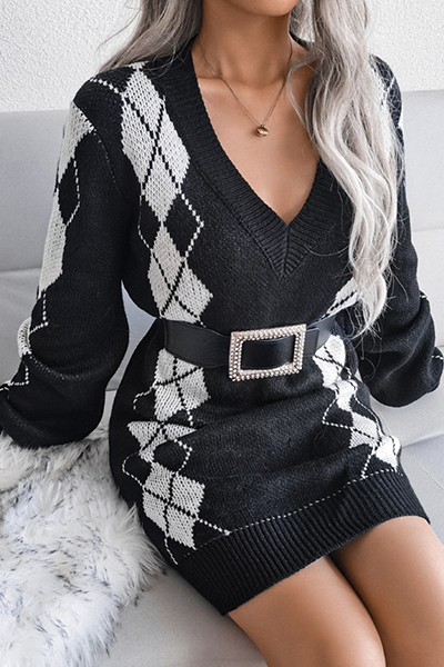 Casual Geometric Split Joint  Contrast V Neck Dresses  Sweater (Without Belt)