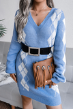 Casual Geometric Split Joint  Contrast V Neck Dresses  Sweater (Without Belt)