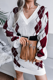 Suéter casual geométrico dividido com junta contrastante com decote em V (sem cinto)