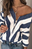 Casual Striped Contrast Zipper Collar Tops Sweater