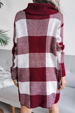 Casual xadrez dividido conjunta contraste gola alta lápis saia vestidos suéter (sem cinto)