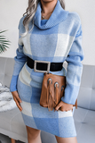Casual Plaid Split Joint  Contrast Turtleneck Pencil Skirt Dresses Sweater (Without Belt)