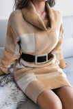 Casual Plaid Split Joint  Contrast Turtleneck Pencil Skirt Dresses Sweater (Without Belt)