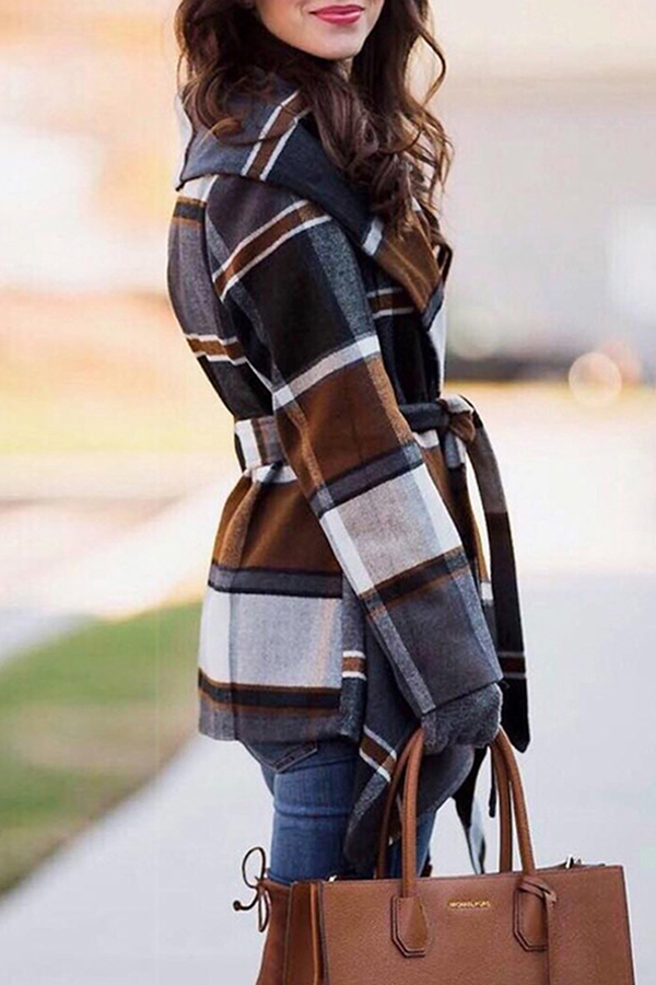 Fashion Elegant Plaid With Belt Asymmetrical Turndown Collar Outerwear