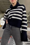Casual Striped Slit Contrast Turtleneck Tops Sweater