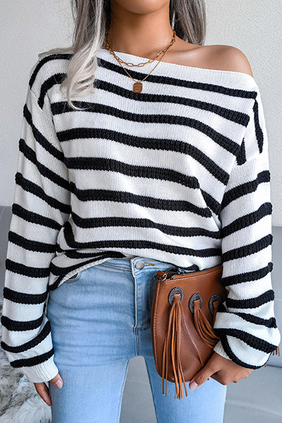 Casual Striped Patchwork Contrast Off the Shoulder Tops