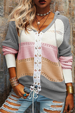 Casual Patchwork Draw String Cross Straps Contrast Hooded Collar Tops(7 Colors)