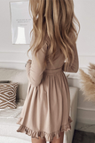 Moda elegante babado sólido com cinto decote em V vestidos linha A (3 cores)