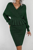 Fashion Elegant Solid Split Joint Flounce V Neck Long Sleeve Two Pieces