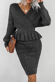 Fashion Elegant Solid Split Joint Flounce V Neck Long Sleeve Two Pieces