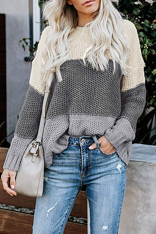 Casual Patchwork Basic  Contrast O Neck Tops Sweater