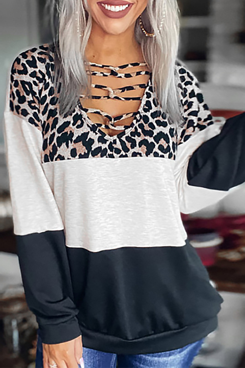Casual Leopard Hollowed Out V Neck Tops