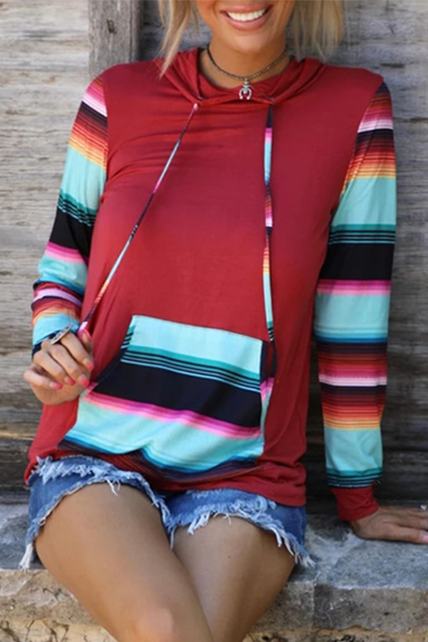 Casual Print Draw String Pocket Hooded Collar Tops(4 Colors)