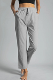 Calça casual sólida com cordão e bolso reto com estampa de posicionamento (5 cores)