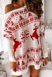 Casual Wapiti Snowflakes Christmas Tree Printed Patchwork Contrast O Neck Dresses Sweater