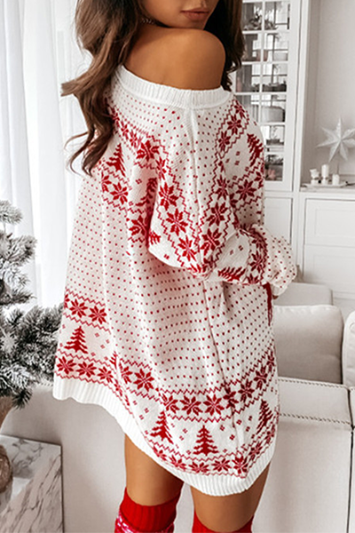 Casual Wapiti Snowflakes Christmas Tree Printed Patchwork Contrast O Neck Dresses Sweater
