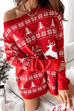 Lässiger Wapiti-Schneeflocken-Weihnachtsbaum-bedruckter Patchwork-Kontrast-O-Ausschnitt-Kleiderpullover