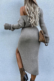 Elegant Solid Slit Oblique Collar Dresses Sweater (Without Belt)