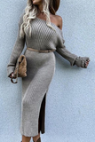 Elegant Solid Slit Oblique Collar Dresses Sweater (Without Belt)