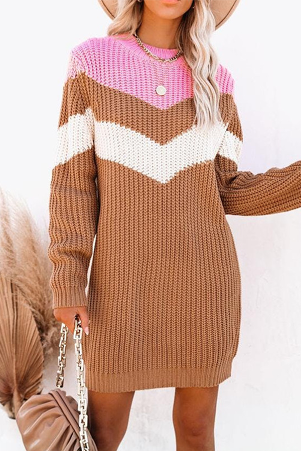 Fashion Casual Geometric Patchwork Contrast O Neck Dresses Sweater