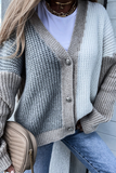 Casual Patchwork Buckle Contrast V Neck Outerwear Sweater(4 Colors)
