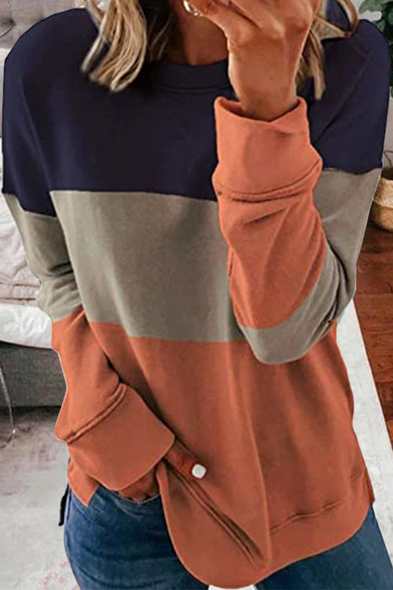 Casual Color Lump Patchwork Contrast O Neck Tops(5 Colors)