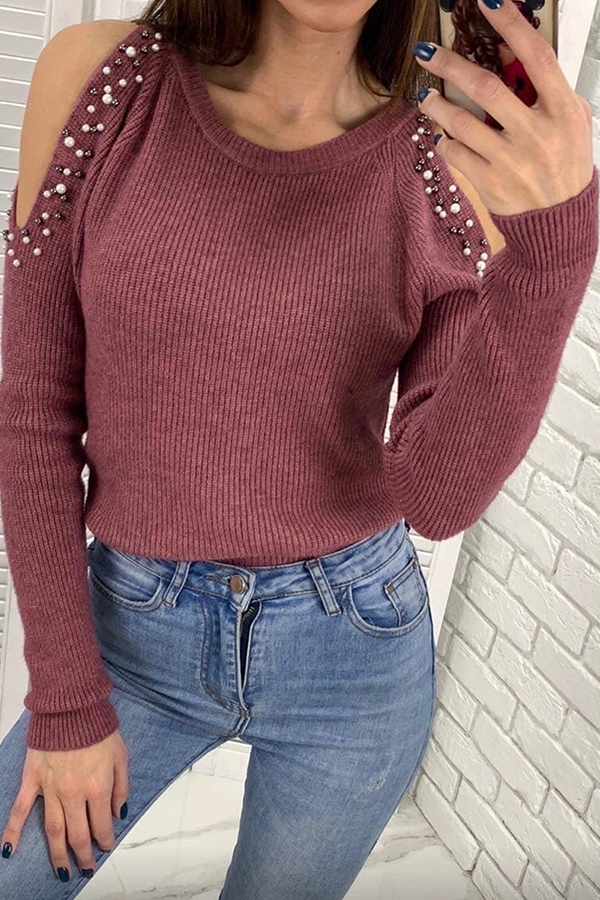 Fashion Casual Solid Beading U Neck Tops Sweater(8 Colors)