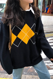 Casual Geometric Patchwork Contrast O Neck Tops Sweater(3 Colors)